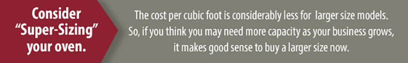 Consider super-sizing your oven. The cost per cubic foot is considerably less for larger size models. So, if you think you need more capacity as your business grows, it makes sense to buy a larger size now.